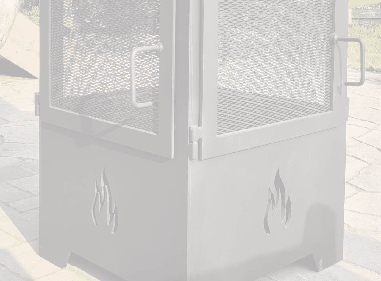 Nature's Outdoor Living 44 A black metal outdoor fireplace with mesh sides and flame cut-out designs on the body.